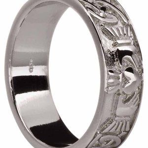 Ladies 14K White Gold coated Silver Celtic Claddagh Band Ring